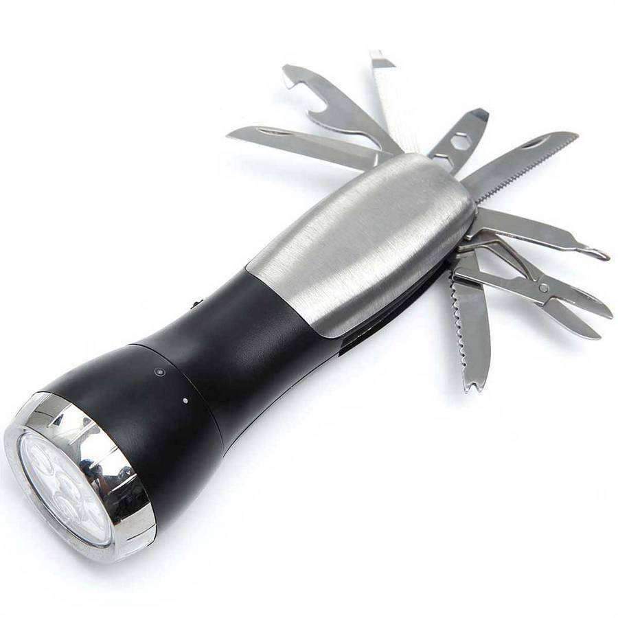 10 Function Flashlight Survival Tool Distinctive Mad Man flash light with several hidden tools in the handle. Great for the man on the go. Includes, scissors, saw blade, knife. Tools include , scissors, saw blade, knife. Stainless steel with matte black contrast There ideal men's accessory for home and car Material: Stainless Steel | Plastic Dimensions: 6