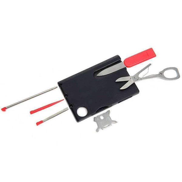 Sleek slim men's accessory - wonder tool to get you out of an unexpected jam. Tools included: Red Laser Light, Magnifier, Inch Ruler, CM, Ruler, Small Phillips, Large Phillips, Small Flathead, Large Flathead, Tweezers, Toothpick, Stylus Pen, Letter Opener, Nail File, Small Knife, Scissors, & Bottle Opener. Perfect to fit in every man's wallet. The gift for every man and woman in your life. Mad Man, masters of men's gifts. Material: Stainless Steel / Resin. Dimensions: 3.5" x 2.5"