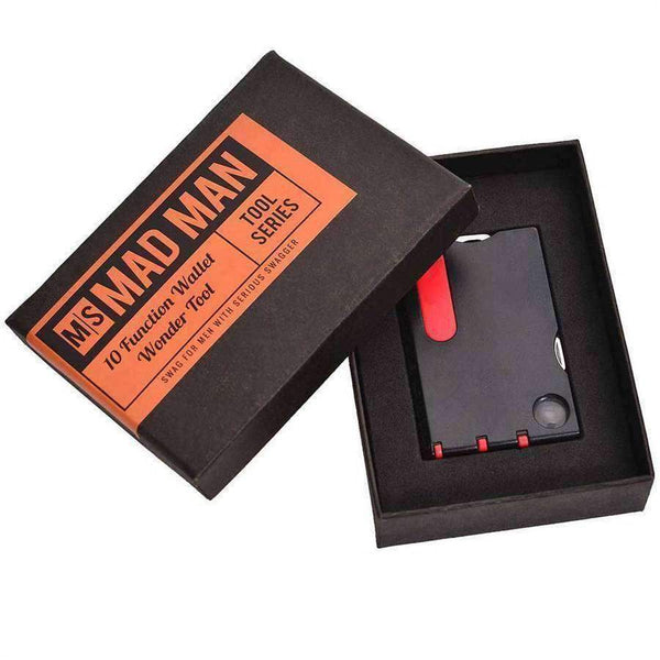 Sleek slim men's accessory - wonder tool to get you out of an unexpected jam. Tools included: Red Laser Light, Magnifier, Inch Ruler, CM, Ruler, Small Phillips, Large Phillips, Small Flathead, Large Flathead, Tweezers, Toothpick, Stylus Pen, Letter Opener, Nail File, Small Knife, Scissors, & Bottle Opener. Perfect to fit in every man's wallet. The gift for every man and woman in your life. Mad Man, masters of men's gifts. Material: Stainless Steel / Resin. Dimensions: 3.5" x 2.5"