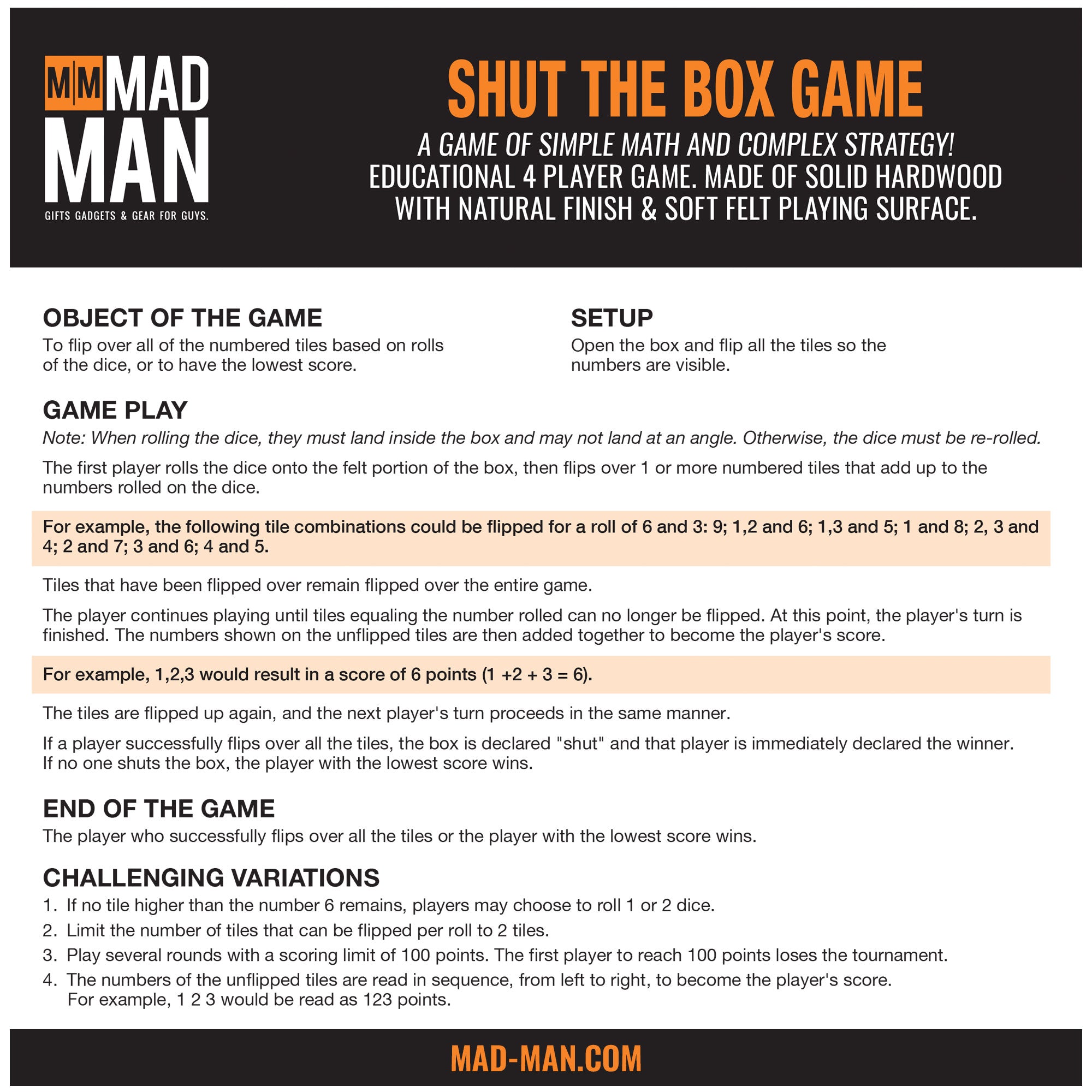 Shut the Box Wooden Board Game
